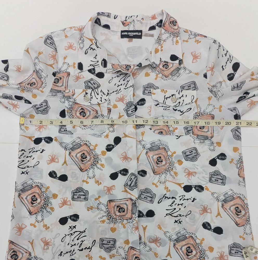 Karl Lagerfeld Paris Whimsical Signature-Printed Blouse Long Roll-Tab Sleeves L - Picture 3 of 12